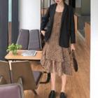 Long-sleeve Plain Blazer / Spaghetti-strap Animal Printed Dress