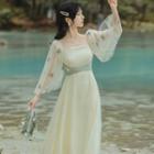 3/4-sleeve Floral Mesh Midi A-line Dress
