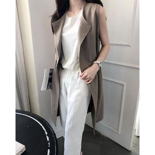 Drawcord-waist Linen Long Vest