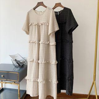 Ruffled Short-sleeve Midi A-line Crinkle Dress