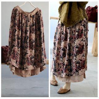 Flower Print Maxi A-line Linen Skirt Flower - Pink & Coffee - One Size