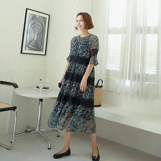 Set: Tiered Floral Chiffon Dress + Slipdress Green - One Size