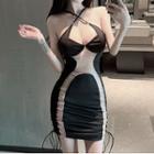 Spaghetti-strap Halter Neck Two-tone Mini Sheath Dress