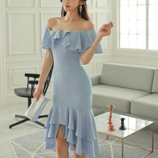 Off-shoulder Ruffle Plain Sheath Dress