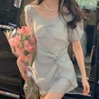 Short-sleeve Off-shoulder Plain Knotted Mini Dress
