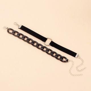 Faux Suede / Chunky Chain Bracelet Set Of 2 - Black - One Size