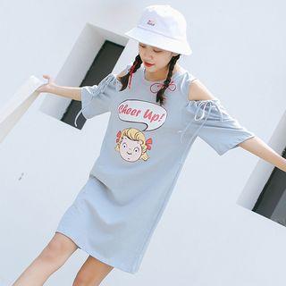 Short-sleeve Cold-shoulder Cartoon Print T-shirt Dress