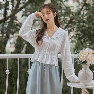 V-neck Blouse / Midi A-line Skirt / Set