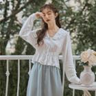 V-neck Blouse / Midi A-line Skirt / Set