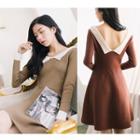 Contrast Collar Long-sleeve A-line Knit Dress