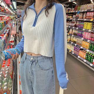 Collared Color Block Long-sleeve Knit Top