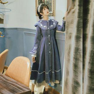 Long-sleeve Floral Embroidered Wide-collar Midi A-line Dress