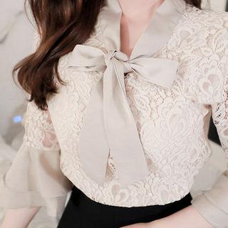 Ribbon-neck Layered-sleeve Top