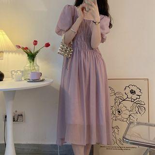 Puff-sleeve Beaded Midi Smock Dress
