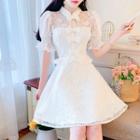 Puff-sleeve Lace-panel A-line Dress