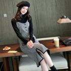 Long-sleeve Plain Top / Houndstooth Midi Jumper Dress