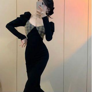 Long-sleeve Floral Panel Mermaid Midi Sheath Dress