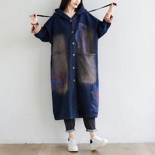 Denim Hooded Long Jacket Dark Blue - One Size