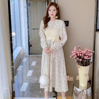 Long-sleeve Floral Knit Panel A-line Dress