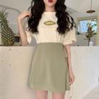 Elbow-sleeve Lettering T-shirt / Panel Mini A-line Skirt