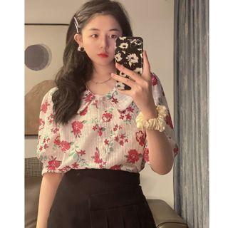 Puff-sleeve Floral Blouse Red Flower - White - One Size