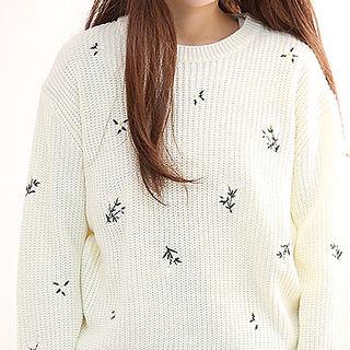 Floral-embroidered Rib-knit Sweater