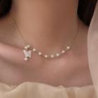 Butterfly Pendant Faux Pearl Choker 1 Pc - Gold - One Size