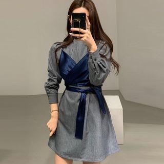Mock Two-piece Long-sleeve Paneled Dress
