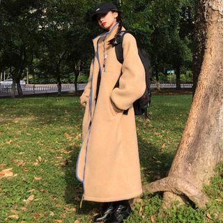 Contrast Trim Open-front Fleece Midi Coat Khaki - One Size