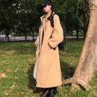 Contrast Trim Open-front Fleece Midi Coat Khaki - One Size