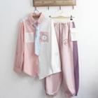 Two-tone Bear Print Shirt / Drawstring-cuff Pants / Set