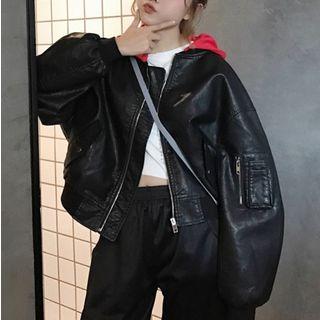 Contrast Hood Letter Embroidered Faux Leather Jacket Black - One Size