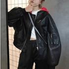 Contrast Hood Letter Embroidered Faux Leather Jacket Black - One Size