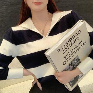 V-neck Striped Collared Sweater / Mini Pleated Skirt
