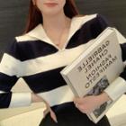V-neck Striped Collared Sweater / Mini Pleated Skirt