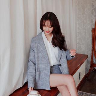 Wide-lapel One Button Check Blazer