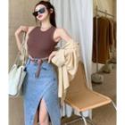 Plain Tank Top / Long-sleeve Loose-fit Shirt / High-waist Denim Midi Skirt