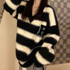Lettering V-neck Striped Sweater Black - One Size