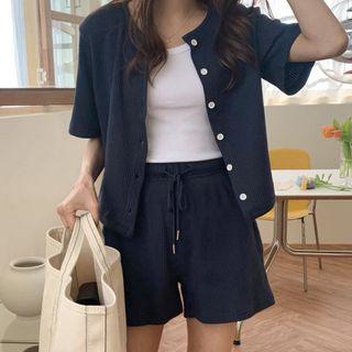 Short-sleeve Ribbed Knit Top + High-waist Ribbed Shorts