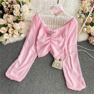 Cold-shoulder Plain Chiffon Long-sleeve Crop Top