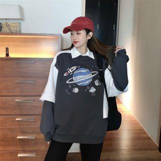 Mock Two-piece Planet Print Collared Pullover