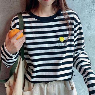 Embroidered Striped Long-sleeve T-shirt As Shown In Figure - One Size