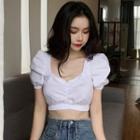 V-neck Short-sleeve Cropped Top White - One Size