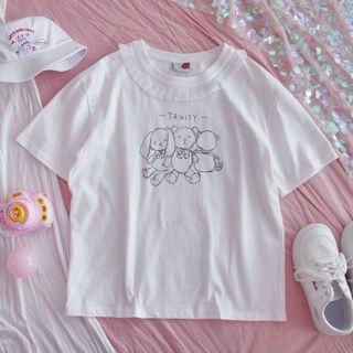 Short-sleeve Cartoon Print Frill Trim T-shirt