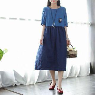 Elbow-sleeve Two-tone Midi A-line Dress As Shown In Figure - One Size