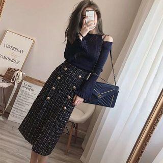 Cutout Shoulder Long-sleeve Knit Top / Midi A-line Tweed Skirt / Set