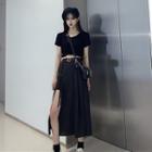 Short-sleeve Cropped T-shirt / Slit Midi A-line Skirt