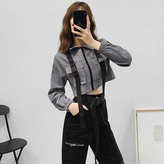 Buckled-accent Zipper Crop Shirt