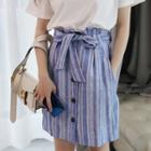 Striped Tie-waist Button Mini Straight-fit Skirt