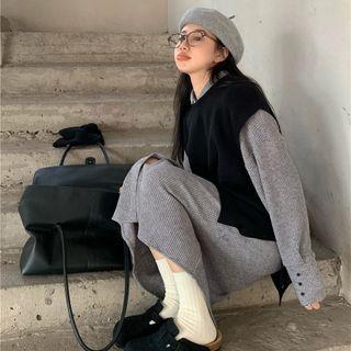 Long-sleeve Loose-fit Knit Dress / Plain Knit Vest (various Designs)